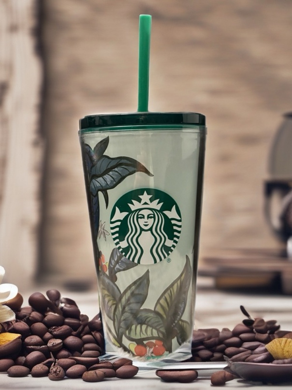 Starbucks Tumbler 16 oz. FLORAL Cup Flower w/Green Lid Green Straw 2021